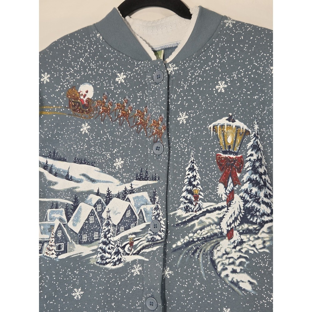 Art Unlimited Cardigan Jacket Large Button Santas Sleigh Christmas Santa Vintage - Picture 3 of 9